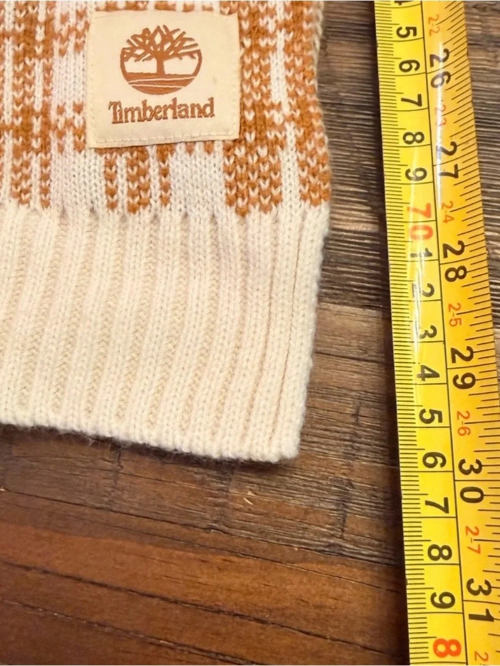 Timberland Plaid Knit Scarf Tan Cream Logo Patch Winter Unisex 60”